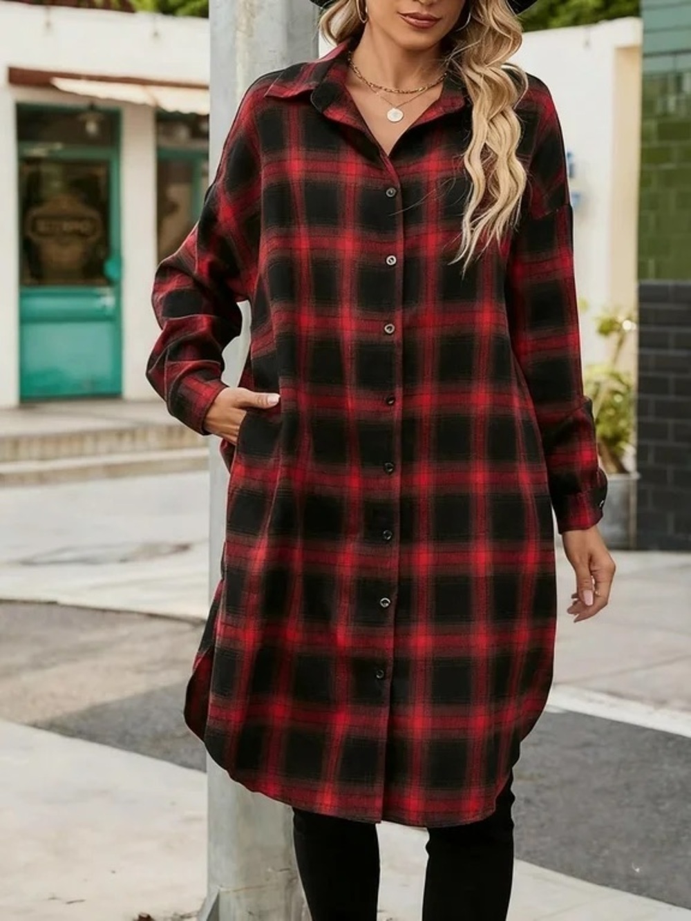 Red & Black Plaid Button-Down Shirt Dress